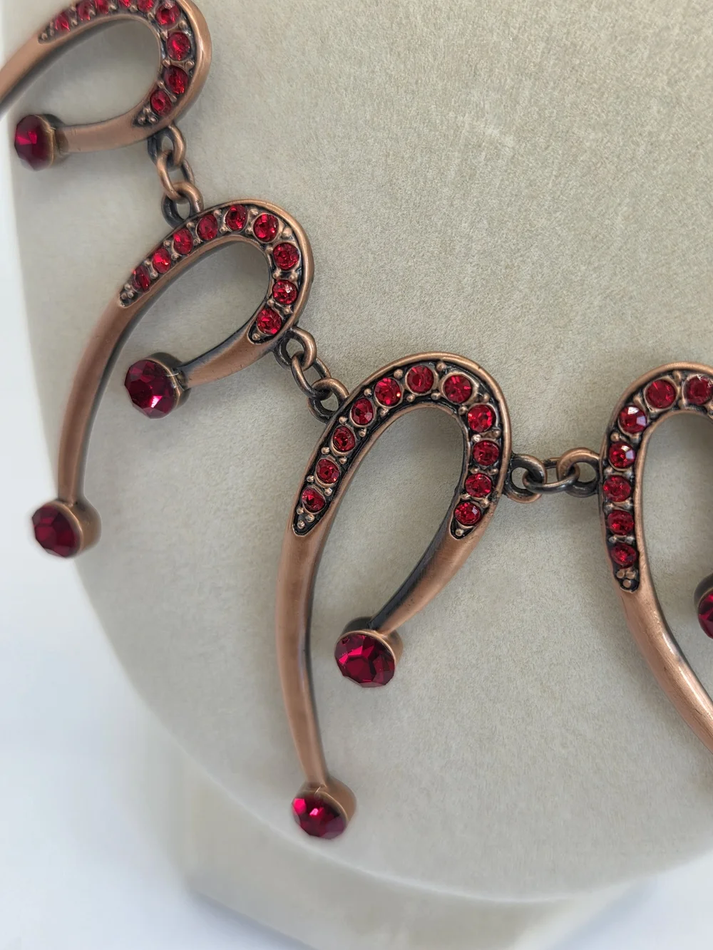 Red Crystal Crescent Drop Necklace and Earring Set, Copper Tone